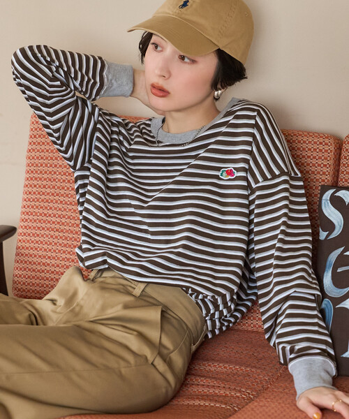 FREAK'S STORE（フリークスストア）の「FRUIT OF THE LOOM×FREAK'S STORE/フルーツオブザルーム 別注 ボーダービッグロンT/マルチボーダーロンT（Tシャツ/カットソー・レディース・ブルー/ワイン/ブラウン・ﾌﾘ-）」の10枚目の写真