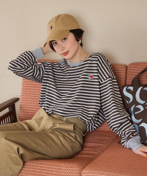 FREAK'S STORE（フリークスストア）の「FRUIT OF THE LOOM×FREAK'S STORE/フルーツオブザルーム 別注 ボーダービッグロンT/マルチボーダーロンT（Tシャツ/カットソー・レディース・ブルー/ワイン/ブラウン・ﾌﾘ-）」の14枚目の写真