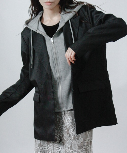 Social GIRL(ソーシャルガール)の「2WAY パーカー レイヤード ジャケット テーラードジャケット(テーラードジャケット・レディース・チャコール/ブラック/ベージュ・M)」の22枚目の写真