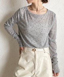 長袖 ボートネック ドットシアートップス ロングTシャツ