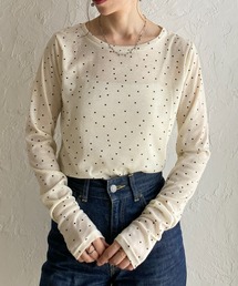 長袖 ボートネック ドットシアートップス ロングTシャツ