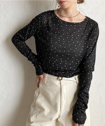長袖 ボートネック ドットシアートップス ロングTシャツ