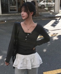 細ボーダーボタンヘンリーVネック長袖Tシャツ