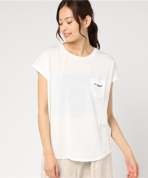 Honeys（ハニーズ）の「ポケット付Ｔシャツ（Tシャツ/カットソー・レディース・イエロー/杢グレー/オフホワイト/ブルー/ブラック/ホワイト×レッド・L/M）」の2枚目の写真