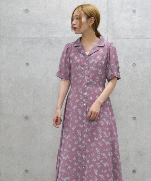 W Closet ダブルクローゼット の 中花柄プリント半袖開襟フレアワンピース ワンピース Wear