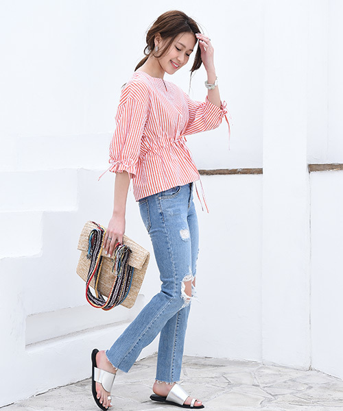 Luz Llena（ラズレナ）の「ストライプキーネックブラウス（シャツ/ブラウス・レディース・ネイビー/オレンジ・MEDIUM）」の18枚目の写真