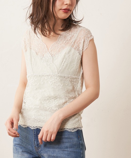 natural couture（ナチュラルクチュール）の「【WEB限定】前後2WAY総レースインナー（タンクトップ・レディース・オフホワイト/ブラック/モカ/ミント/ピンクベージュ/グレイッシュベージュ・FREE）」の6枚目の写真