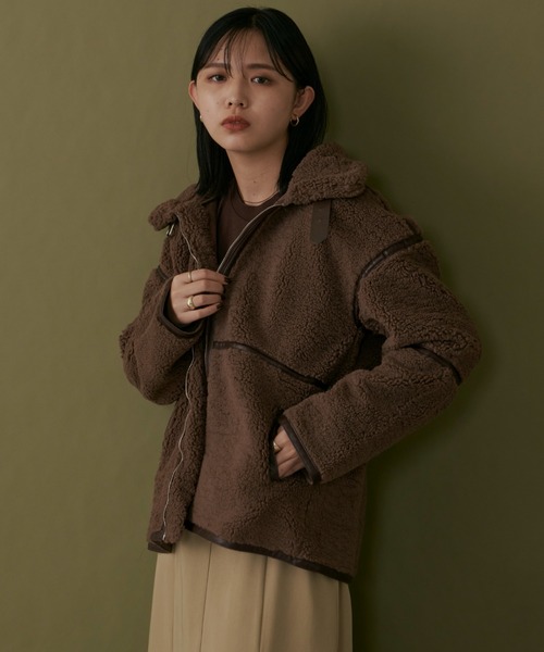 Aunt Marie's（アントマリーズ）の「【サイズ展開有】パイピングムートンボアジャケット / AUNT MARIE'S（ブルゾン・レディース・ベージュ/ブラウン/アイボリー・FREE/LARGE/MEDIUM）」の13枚目の写真