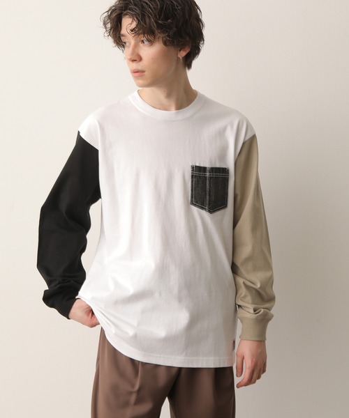 JUNRED(ジュンレッド)の「【別注】BEN DAVIS マルチカラー切替ロンT(Tシャツ/カットソー・メンズ・ホワイト/ダークブラウン/ブルー系その他4・LL/M/L)」の2枚目の写真