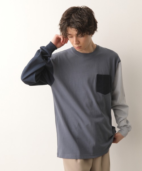 JUNRED(ジュンレッド)の「【別注】BEN DAVIS マルチカラー切替ロンT(Tシャツ/カットソー・メンズ・ホワイト/ダークブラウン/ブルー系その他4・LL/M/L)」の1枚目の写真
