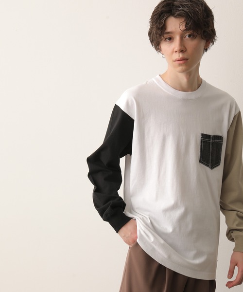 JUNRED(ジュンレッド)の「【別注】BEN DAVIS マルチカラー切替ロンT(Tシャツ/カットソー・メンズ・ホワイト/ダークブラウン/ブルー系その他4・LL/M/L)」の7枚目の写真