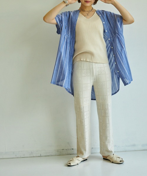 Auntie Rosa Holiday(アンティローザホリデー)の「ピンタックフレンチスリーブチュニック(チュニック・レディース・ホワイト×グレー/ホワイト×ブルー・FREE)」の7枚目の写真