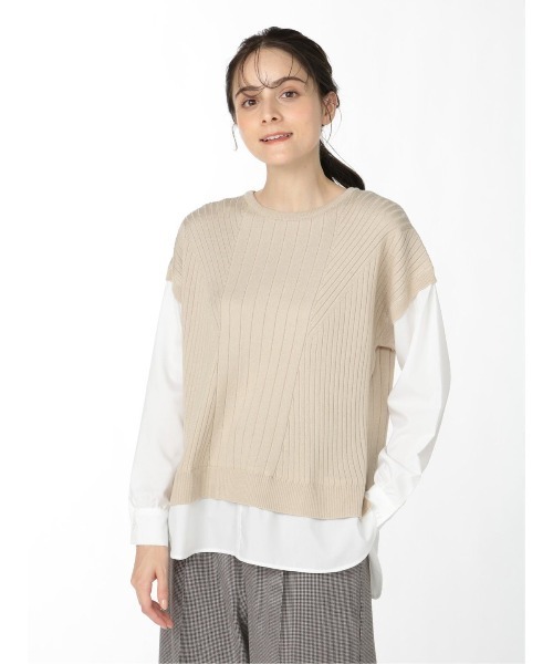 m.f.editorial(エムエフエディトリアル)の「エムエフエディトリアルレディース/m.f.editorial:Women ニットベスト&長袖シャツ フェイクレイヤードプルオーバー(ニット/セーター・レディース・グレー/ベージュ・MEDIUM/LARGE)」の1枚目の写真