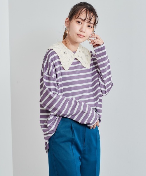 cepo(セポ)の「レース付け襟 バスクボーダーロンTee(Tシャツ/カットソー・レディース・パープル/チャコール/ブラック・M)」の3枚目の写真