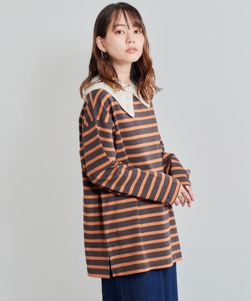 cepo(セポ)の「レース付け襟 バスクボーダーロンTee(Tシャツ/カットソー・レディース・パープル/チャコール/ブラック・M)」の1枚目の写真