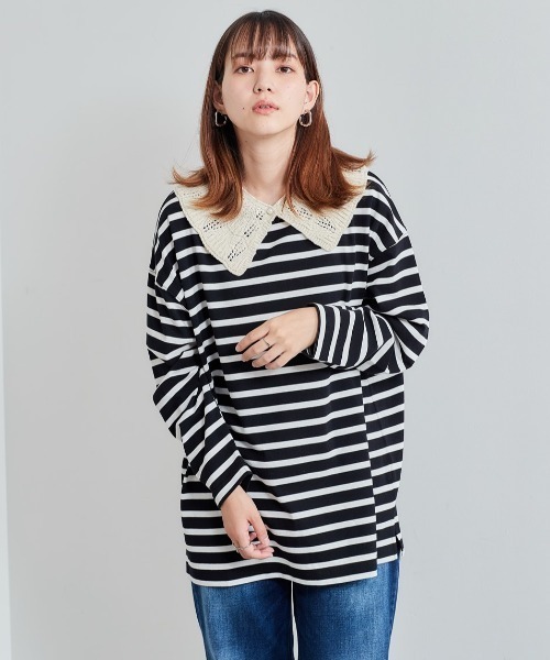 cepo(セポ)の「レース付け襟 バスクボーダーロンTee(Tシャツ/カットソー・レディース・パープル/チャコール/ブラック・M)」の2枚目の写真