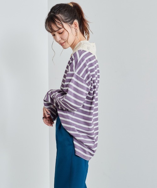 cepo(セポ)の「レース付け襟 バスクボーダーロンTee(Tシャツ/カットソー・レディース・パープル/チャコール/ブラック・M)」の11枚目の写真