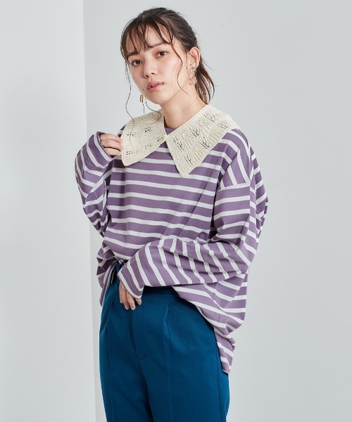 cepo(セポ)の「レース付け襟 バスクボーダーロンTee(Tシャツ/カットソー・レディース・パープル/チャコール/ブラック・M)」の10枚目の写真