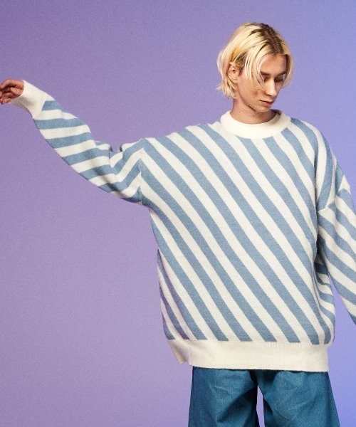 rehacer（レアセル）の「rehacer : Slash Border Wide Knit / スラッシュボーダーワイド ニット（ニット/セーター・メンズ・ブラック/ブルー・LARGE/X-LARGE/MEDIUM/SMALL）」の2枚目の写真