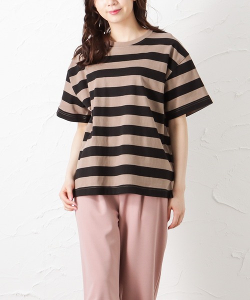 Mac-House(マックハウス)の「ORGABITS オーガビッツ ベーシックボーダー半袖Tシャツ(Tシャツ/カットソー・レディース・ブラック/ベージュ/ブラウン/サックスブルー/グリーン・フリー)」の1枚目の写真