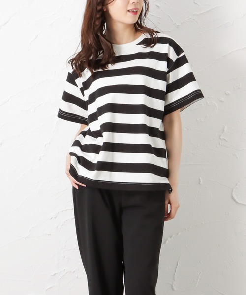Mac-House(マックハウス)の「ORGABITS オーガビッツ ベーシックボーダー半袖Tシャツ(Tシャツ/カットソー・レディース・ブラック/ベージュ/ブラウン/サックスブルー/グリーン・フリー)」の2枚目の写真