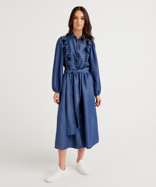 セール リヨセルデニム長袖ロングシャツワンピース シャツワンピース Benetton シャツワンピース Of United Colors Benetton ベネトンユナイテッドカラーズオブベネトン のファッション Benetton Of
