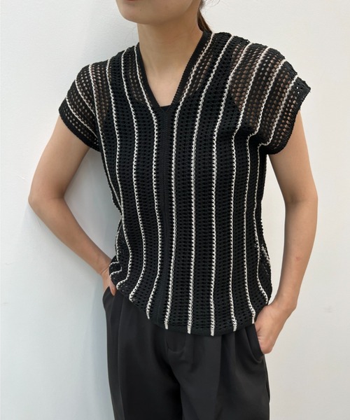 y/m by Yukie（イムバイユキエ）の「ストライプノースリニットトップス（Tシャツ/カットソー・レディース・ブラック・FREE）」の12枚目の写真