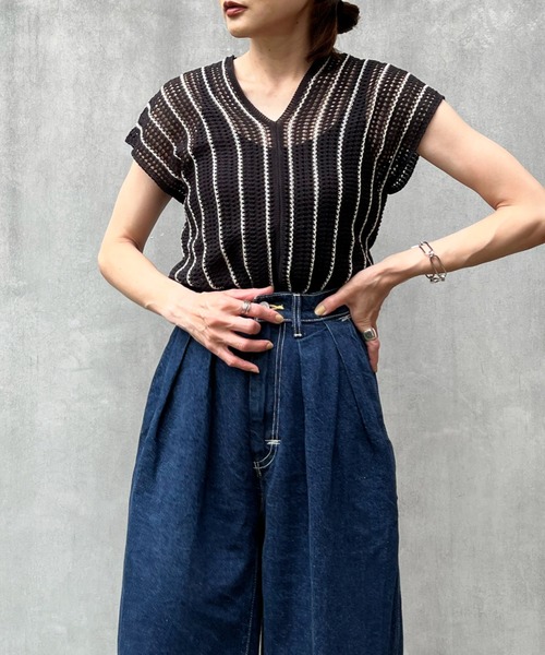 y/m by Yukie（イムバイユキエ）の「ストライプノースリニットトップス（Tシャツ/カットソー・レディース・ブラック・FREE）」の14枚目の写真