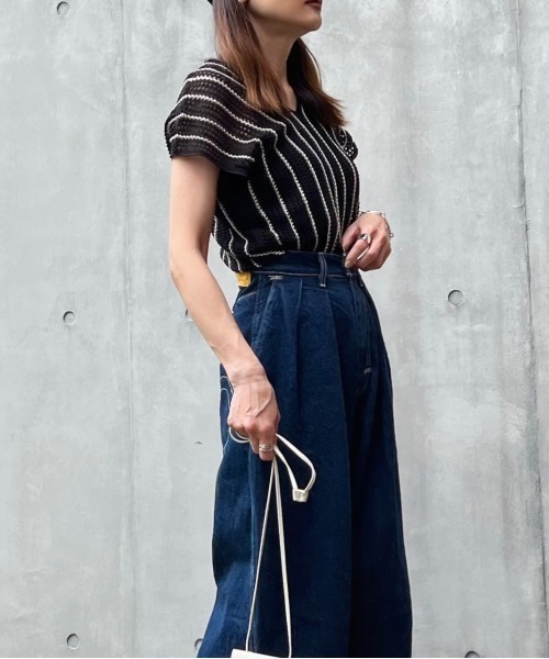 y/m by Yukie（イムバイユキエ）の「ストライプノースリニットトップス（Tシャツ/カットソー・レディース・ブラック・FREE）」の18枚目の写真