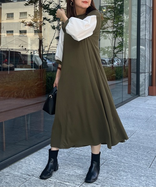 Chez toi（シェトワ）の「袖布帛ハギ7分袖ワンピース（ワンピース・レディース・ブラック/ベージュ/カーキ・FREE）」の3枚目の写真