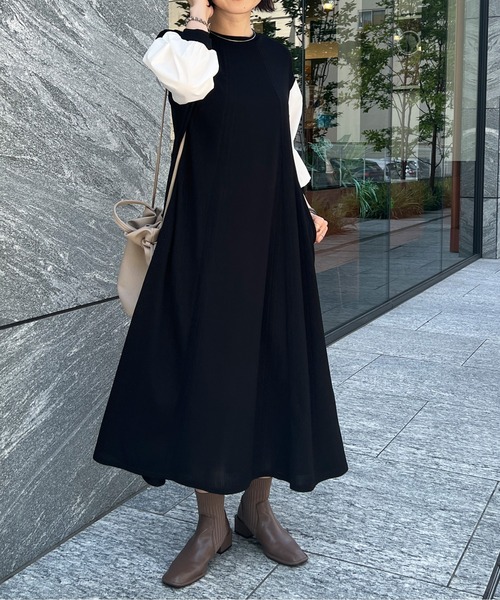 Chez toi（シェトワ）の「袖布帛ハギ7分袖ワンピース（ワンピース・レディース・ブラック/ベージュ/カーキ・FREE）」の16枚目の写真