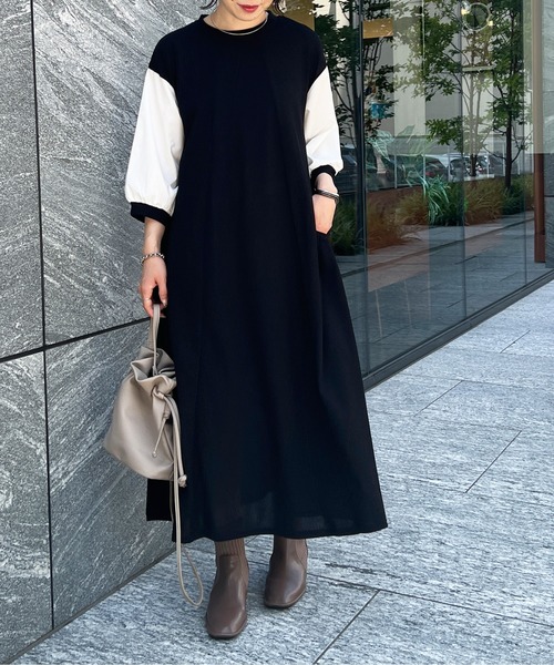 Chez toi（シェトワ）の「袖布帛ハギ7分袖ワンピース（ワンピース・レディース・ブラック/ベージュ/カーキ・FREE）」の7枚目の写真