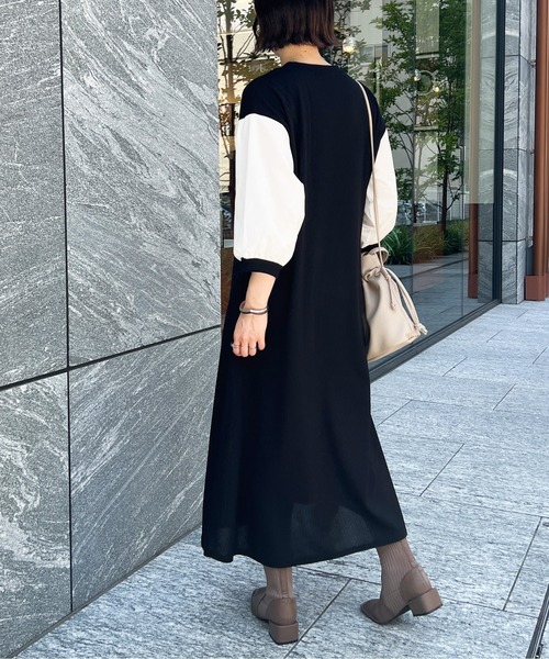 Chez toi（シェトワ）の「袖布帛ハギ7分袖ワンピース（ワンピース・レディース・ブラック/ベージュ/カーキ・FREE）」の20枚目の写真