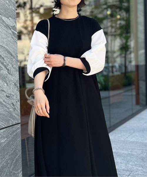 Chez toi（シェトワ）の「袖布帛ハギ7分袖ワンピース（ワンピース・レディース・ブラック/ベージュ/カーキ・FREE）」の4枚目の写真