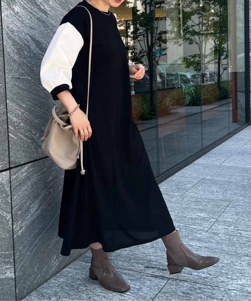 Chez toi（シェトワ）の「袖布帛ハギ7分袖ワンピース（ワンピース・レディース・ブラック/ベージュ/カーキ・FREE）」の17枚目の写真