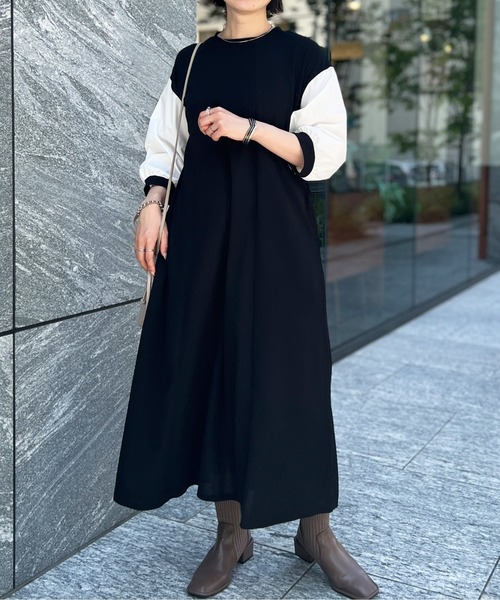 Chez toi（シェトワ）の「袖布帛ハギ7分袖ワンピース（ワンピース・レディース・ブラック/ベージュ/カーキ・FREE）」の8枚目の写真