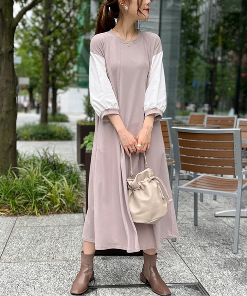 Chez toi（シェトワ）の「袖布帛ハギ7分袖ワンピース（ワンピース・レディース・ブラック/ベージュ/カーキ・FREE）」の11枚目の写真