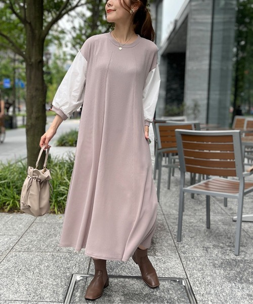 Chez toi（シェトワ）の「袖布帛ハギ7分袖ワンピース（ワンピース・レディース・ブラック/ベージュ/カーキ・FREE）」の5枚目の写真