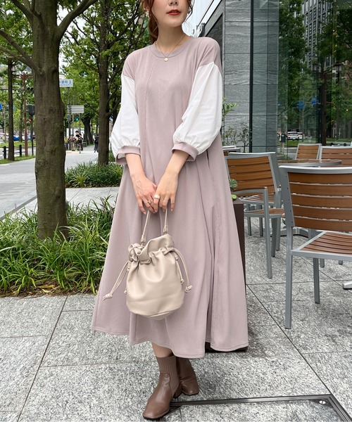 Chez toi（シェトワ）の「袖布帛ハギ7分袖ワンピース（ワンピース・レディース・ブラック/ベージュ/カーキ・FREE）」の21枚目の写真