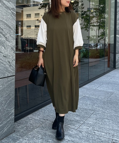 Chez toi（シェトワ）の「袖布帛ハギ7分袖ワンピース（ワンピース・レディース・ブラック/ベージュ/カーキ・FREE）」の9枚目の写真