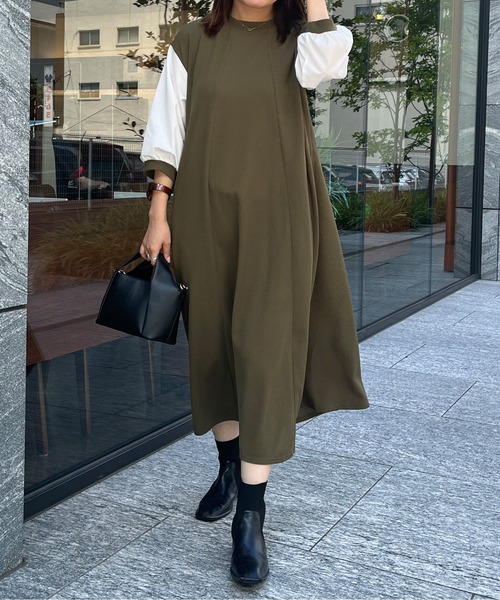 Chez toi（シェトワ）の「袖布帛ハギ7分袖ワンピース（ワンピース・レディース・ブラック/ベージュ/カーキ・FREE）」の15枚目の写真