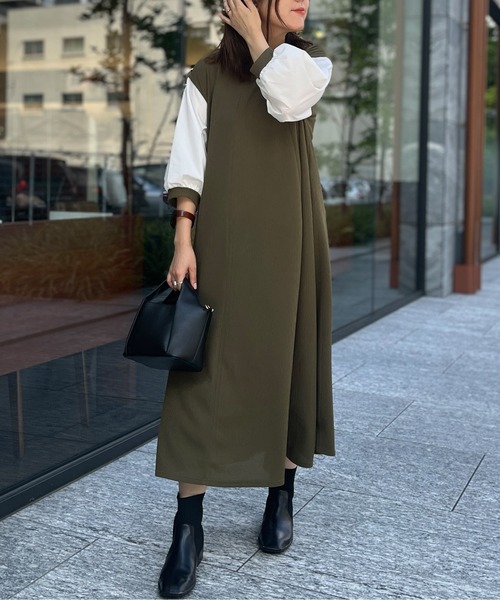 Chez toi（シェトワ）の「袖布帛ハギ7分袖ワンピース（ワンピース・レディース・ブラック/ベージュ/カーキ・FREE）」の6枚目の写真