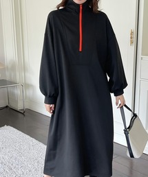 ハイネックZIP配色ロングワンピース