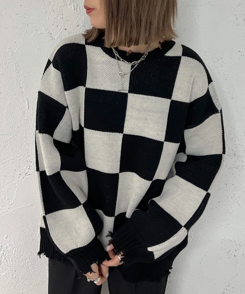apres jour mignon(アプレジュールミニョン)の「チェッカー柄ダメージニット【ZOZOTOWN限定アイテム】(ニット/セーター・レディース・ブラック/パープル/ブルー・X-LARGE/フリー)」の20枚目の写真