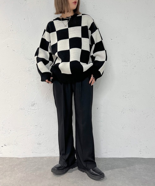 apres jour mignon(アプレジュールミニョン)の「チェッカー柄ダメージニット【ZOZOTOWN限定アイテム】(ニット/セーター・レディース・ブラック/パープル/ブルー・X-LARGE/フリー)」の12枚目の写真