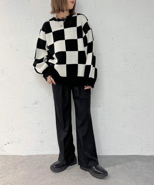 apres jour mignon(アプレジュールミニョン)の「チェッカー柄ダメージニット【ZOZOTOWN限定アイテム】(ニット/セーター・レディース・ブラック/パープル/ブルー・X-LARGE/フリー)」の10枚目の写真