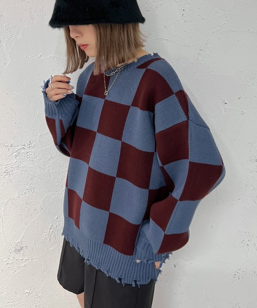 apres jour mignon(アプレジュールミニョン)の「チェッカー柄ダメージニット【ZOZOTOWN限定アイテム】(ニット/セーター・レディース・ブラック/パープル/ブルー・X-LARGE/フリー)」の21枚目の写真