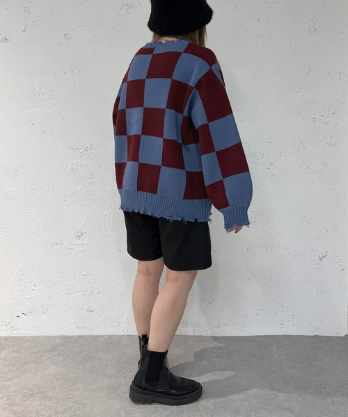 apres jour mignon(アプレジュールミニョン)の「チェッカー柄ダメージニット【ZOZOTOWN限定アイテム】(ニット/セーター・レディース・ブラック/パープル/ブルー・X-LARGE/フリー)」の11枚目の写真