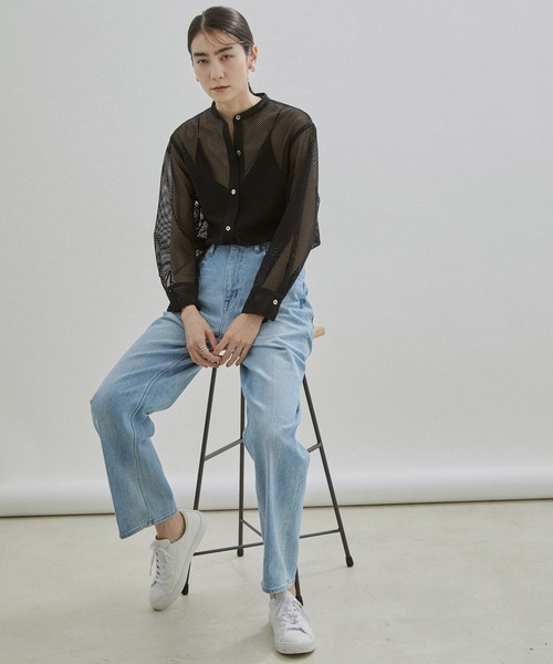 SALON adam et rope'(サロン アダム エ ロペ)の「【WEB限定】メッシュバンドカラーシアーシャツ(シャツ/ブラウス・レディース・ブラック/オフホワイト/ミント・FREE)」の12枚目の写真
