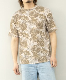 エンボスワッフルリーフ柄半袖クルーネックTシャツ